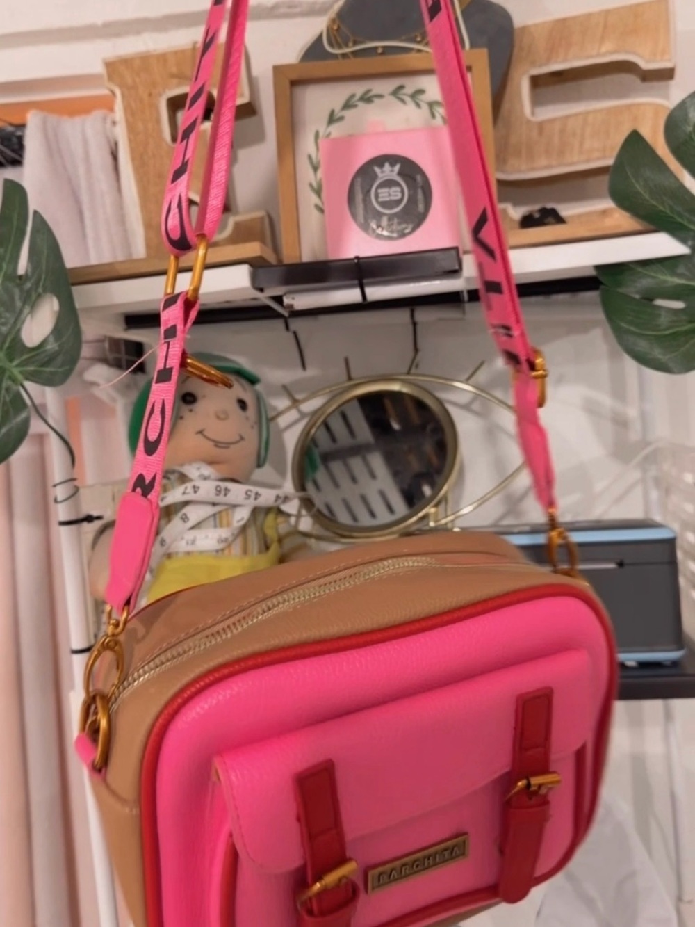 Fuchsia and Tan Crossbody Bag with Branded Contrast Strap